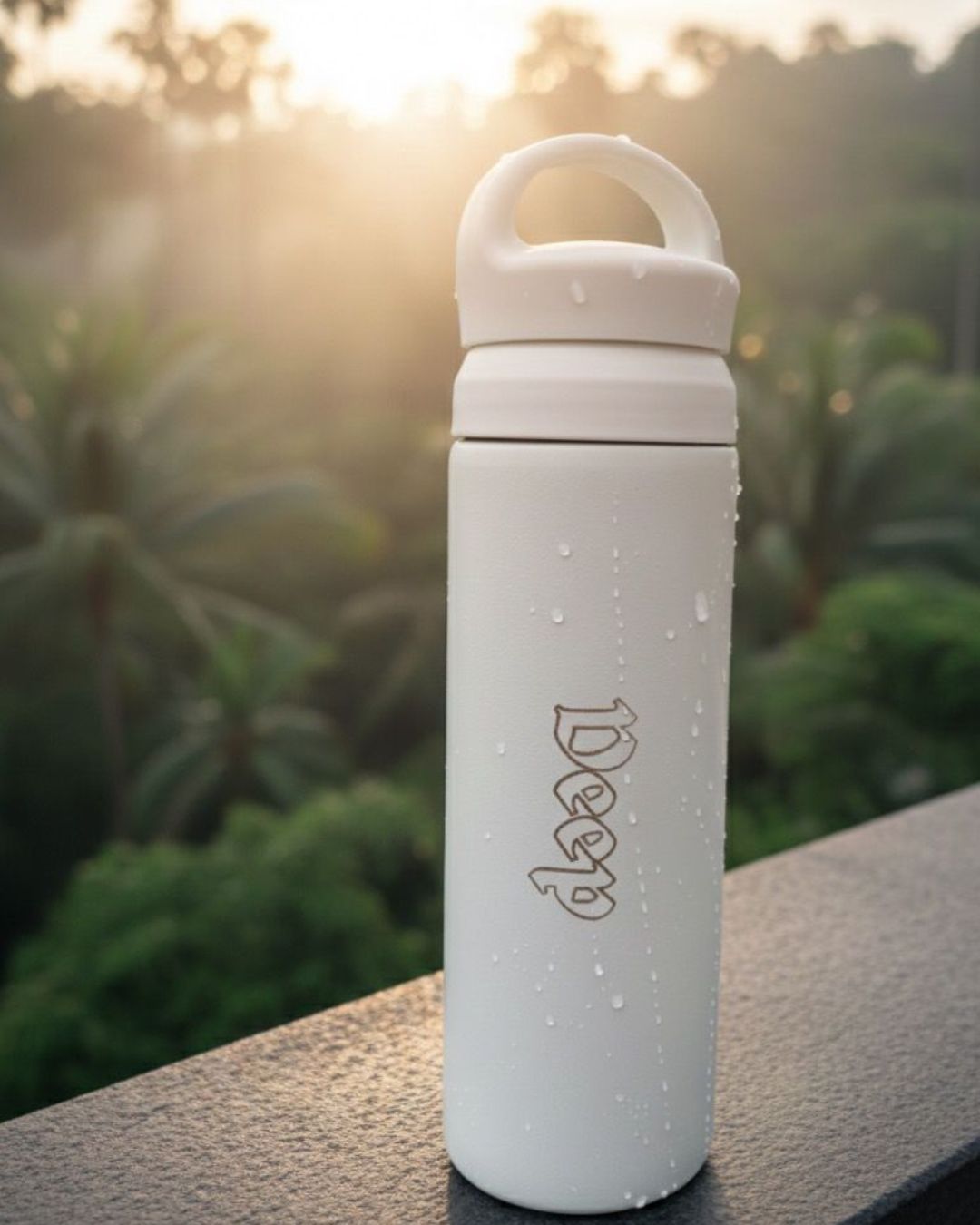 White handle water bottle with flip-top cap and carry loop, water droplets visible